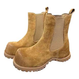 欧洲站真皮坦克增高厚底烟管靴女加绒冬磨砂皮短靴英伦风切尔西靴