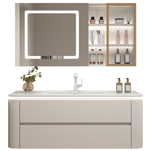 浴室柜陶瓷一体盆卫生间圆弧洗漱台马桶侧边收纳奶油风洗脸台盆柜