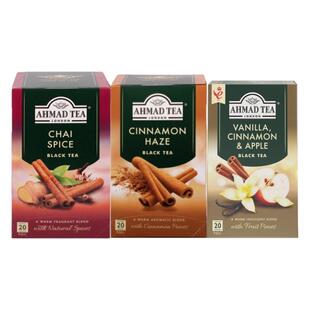 AHMADTEA亚曼生姜肉桂苹果香草红茶3盒共60个袋泡茶包组合套装