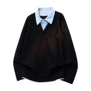 悟空有货复古格纹假两件拼接翻领卫衣男女秋季宽松撞色休闲POLO衫