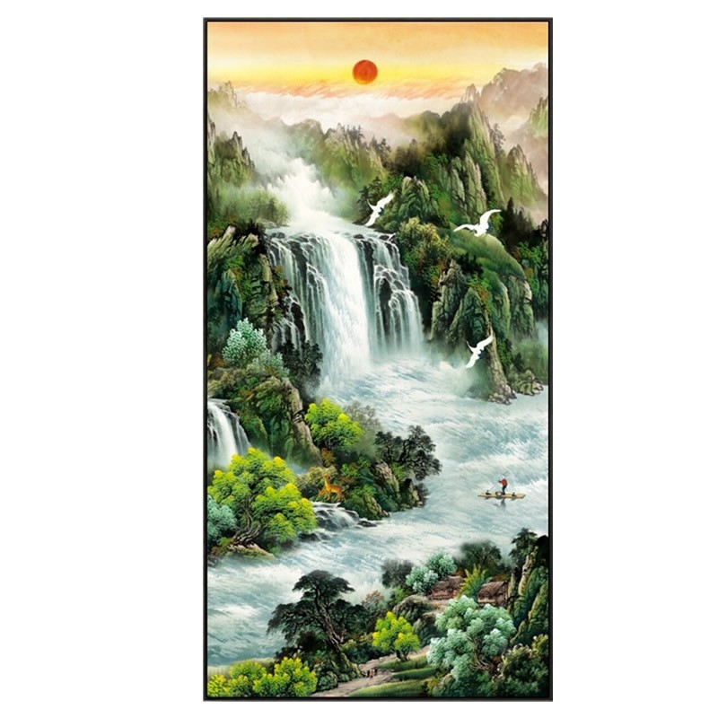 旭日东升方钻钻石画2026新款玄关竖版高山流水点砖贴钻十字绣走廊