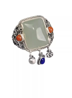 925纯银四方天然和田玉戒指流苏