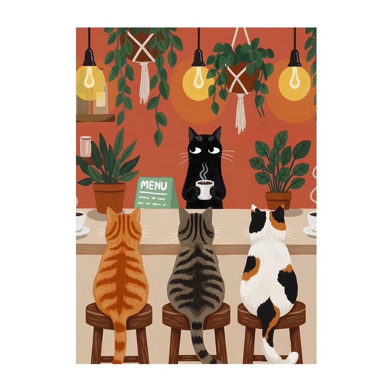 咖啡猫咪温馨复古客厅装饰画