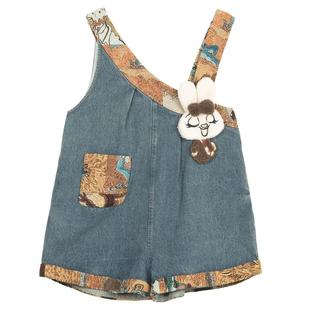 KEIKO 鬼马少女感提花拼接背带牛仔裤26春季减龄显瘦宽松阔腿短裤