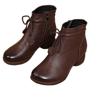 手工女靴子秋冬新款复古中跟粗跟民族风妈妈短靴软底单靴加绒棉靴