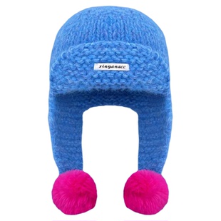 韩版多巴胺撞色针织毛线帽女秋冬加长毛球护耳保暖显脸小雷锋帽潮