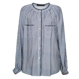 罗衣蓝色条纹圆领衬衫女2025秋季新款直筒衬衣百搭宽松上衣11747