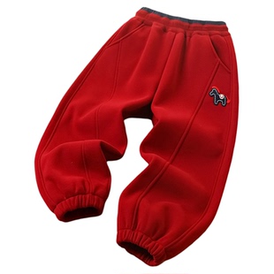 男童冬装加绒裤子2026新款中大童儿童洋气马年加厚拜年服红色卫裤