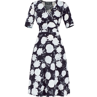 V领黑色碎花显瘦法式温柔风连衣裙夏名媛免熨烫正式场合透气裙子