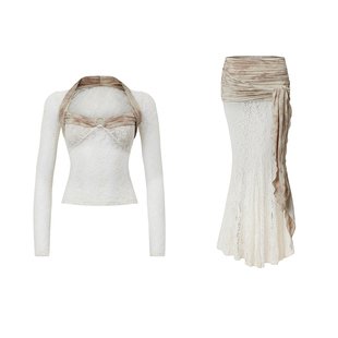 4muggle“木星流浪”法式复古蕾丝透视晕染上衣鱼尾半身裙套装女