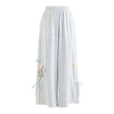 森女部落2026夏新款休闲裤女小个子薄款长裤花边蓝色格子阔腿裤子