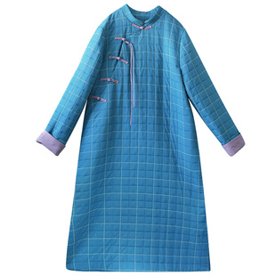 7折【暗袅花枝】文艺立领格子连衣裙新中式偏襟侧开叉袍子女冬季