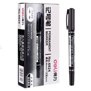 得力记号笔油性笔双头粗细勾线笔小号细头记号笔红黑蓝色12支一盒