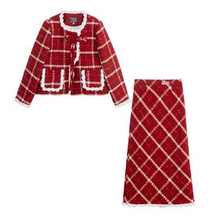 KEIKO新年红装嵌丝花呢两件套装裙春季千金穿搭格纹短外套+半身裙