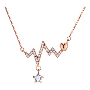 纯18K白金镶嵌进口莫桑钻跳动的心项链玫瑰金心电图吊坠欧美风格