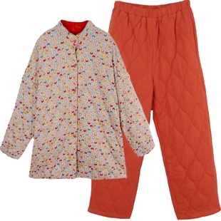 朵朵可可家居服新款冬季三层纯棉夹棉两面穿睡衣女中长款喜庆套装