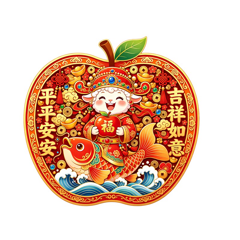 苹果造型羊年吉祥墙贴贴画小羊福苹果锦鲤金元宝平安新年装饰贴画