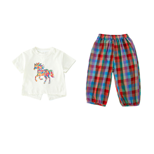 女童夏季休闲套装洋气儿童短袖格子裤两件套宝宝夏装薄款防蚊裤子