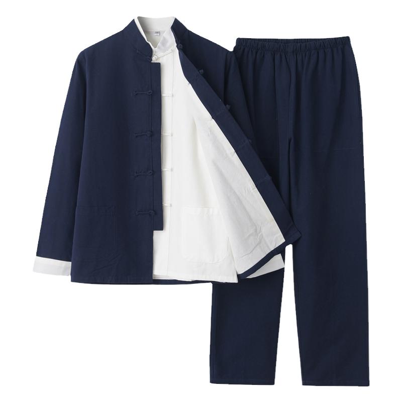 春秋款唐装男青年长袖套装三件套中国风中式男装复古装汉服居士服