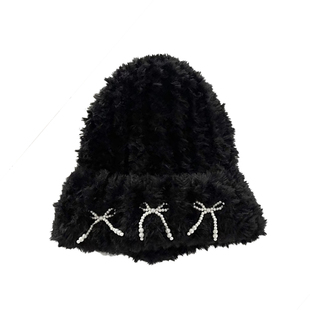 软糯深冬~韩版ins蝴蝶结毛绒帽子女加厚保暖针织帽加绒可爱包头帽