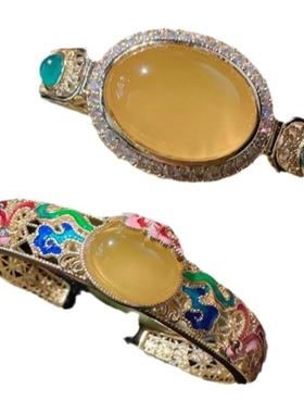 落日黄冰玉髓雕花宝石手镯 水灵水灵镀18K金时尚百搭玉髓珐琅手镯