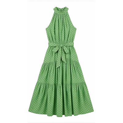 Hanging neck polka dot printed lace up dress挂脖系带连衣裙女