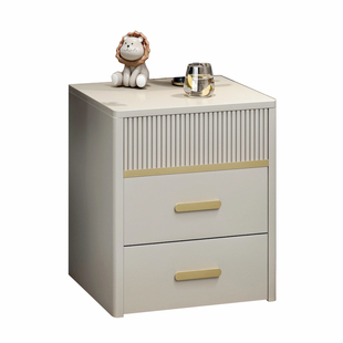 实木烤漆床头柜白色简约奶油风床边柜卡其色浅灰色三抽屉斗柜矮柜
