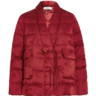 QS秸熙2025冬季新款轻国风交领系带新中式羽绒服提花保暖显瘦外套