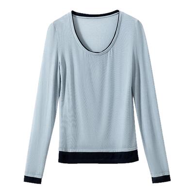 天丝假两件撞色针织打底衫上衣