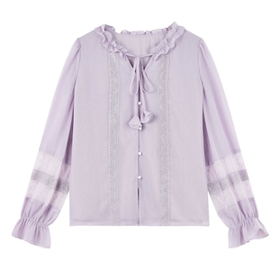 秋水伊人法式纯色雪纺衫2025年秋装新款浪漫通勤衬衫圆领系带上衣