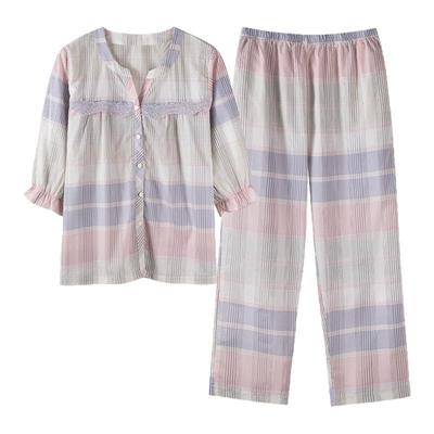 睡衣女士春夏梭织棉七分袖家居服