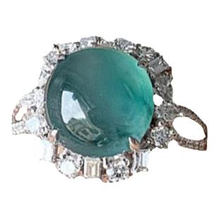 轻奢简约天然玉髓高冰蓝水飘花蛋面戒指S925银钻镶嵌可调节指环