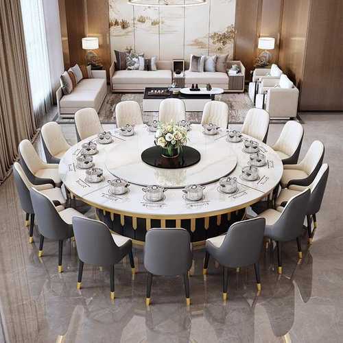 酒店电动餐桌大圆桌20人圆桌轻奢岩板火锅桌饭店会所商用旋转桌