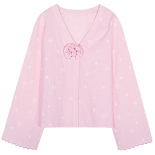 落落狷介 韩系chic别致小衫粉色刺绣V领衬衫女2025年新款长袖上衣