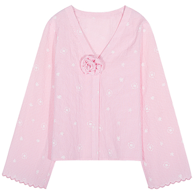 落落狷介长袖刺绣粉色衬衫女