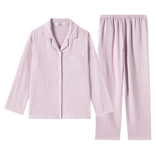 美标新款长袖纯棉睡衣套装女春秋泡泡纱双层棉纱全棉休闲家居服冬