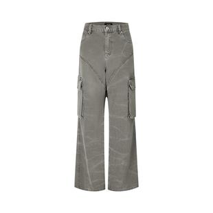 ICE UP重磅水洗做旧拼接破坏vintage直筒阔腿复古口袋伞兵工装裤