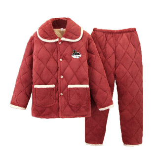 秋冬天夹棉三层加厚女款珊瑚绒睡衣女士法兰绒冬季可爱家居服棉袄