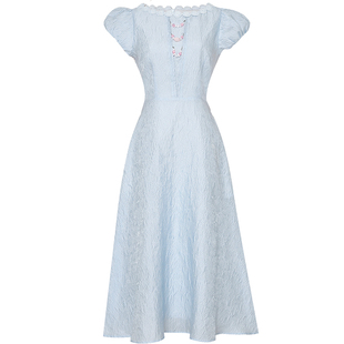 2026夏季新款法式轻奢高级感提花公主泡泡袖收腰大摆通勤连衣裙