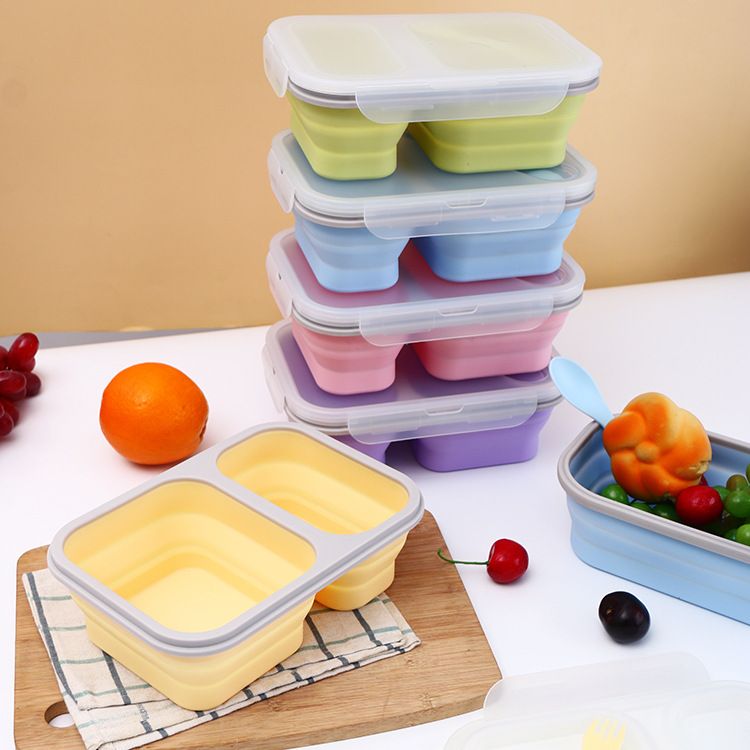 硅胶二格饭盒上班族微波炉加热餐盒套装分格保鲜盒食品级便当盒
