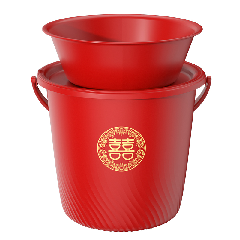 汉世刘家结婚乔迁新居之喜喜桶陪嫁水桶大号塑料带喜盆大红色脸盆
