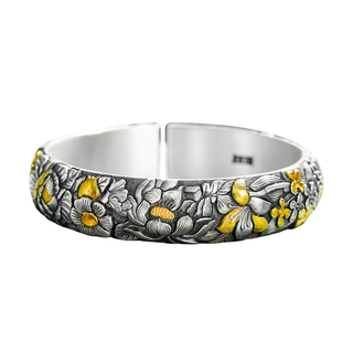 九乐足银999银手镯女十二花神做旧手镯高工原创国风手工镯子送礼