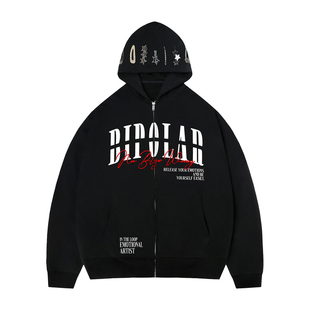 BIPOLAR发夹开衫连帽卫衣休闲宽松字母设计感上衣拉链外套情侣款