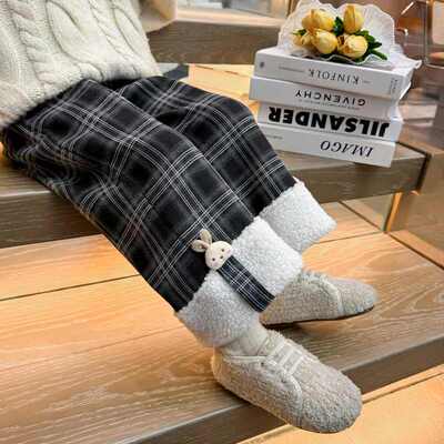 儿童裤子秋冬季女童加绒格子裤2025新款洋气时髦一体绒女孩阔腿裤