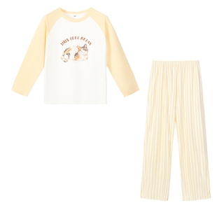 爱美丽纯棉猫印花双面布2025秋季新款睡衣女长袖3A抗菌家居服套装