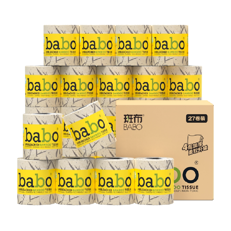 斑布本色有芯卷纸140克27卷4层整箱装家用实惠装