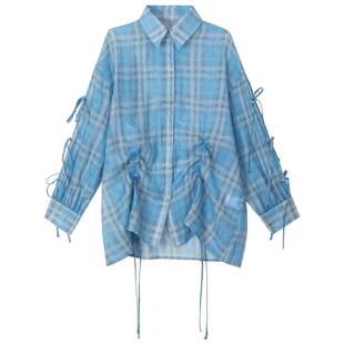 KEIKO 韩系清新感轻薄蓝格子长袖衬衫26春夏慵懒廓形抽皱开衫外套