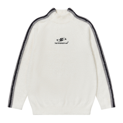 条纹撞色LOGO刺绣慵懒高领毛衣