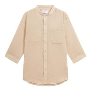 ZIOZIA立领衬衣男修身夏季韩版休闲舒适简约卡其色七分袖衬衫