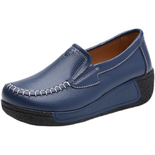 外贸女鞋春秋款真皮厚底一脚蹬妈妈女圆头松糕软底工作鞋一脚蹬鞋